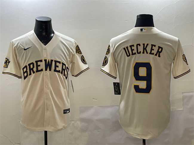 Men%27s Milwaukee Brewers #9 Bob Uecker Cream With Home Patch Stitched Jersey->milwaukee brewers->MLB Jersey